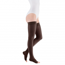 Compression socks Mediven Elegance thigh-length stocking with open toes, dark brown