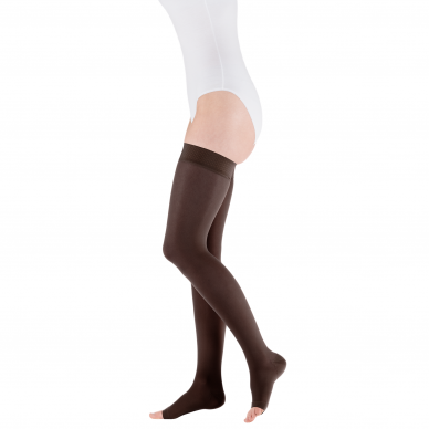 Compression socks Mediven Elegance thigh-length stocking with open toes, dark brown 1