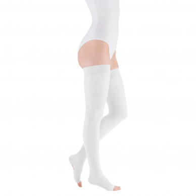 Compression socks Mediven Elegance thigh-length stocking with open toes, white